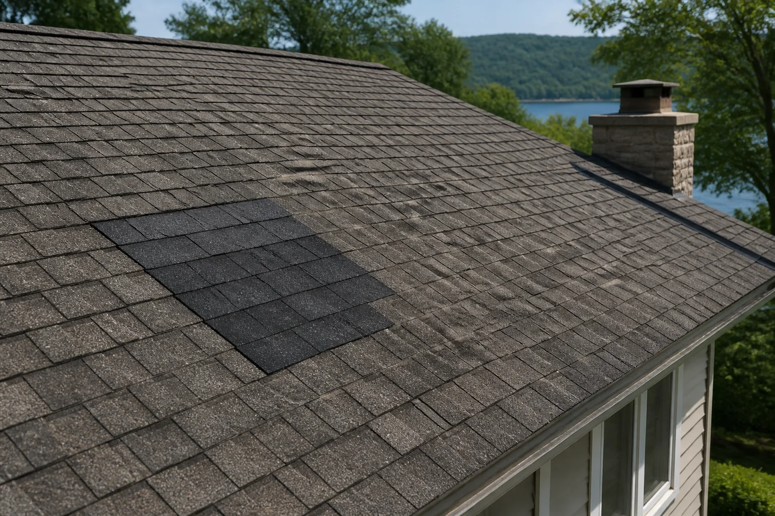 New shingle repair beside weathered roofing on a Wisconsin home