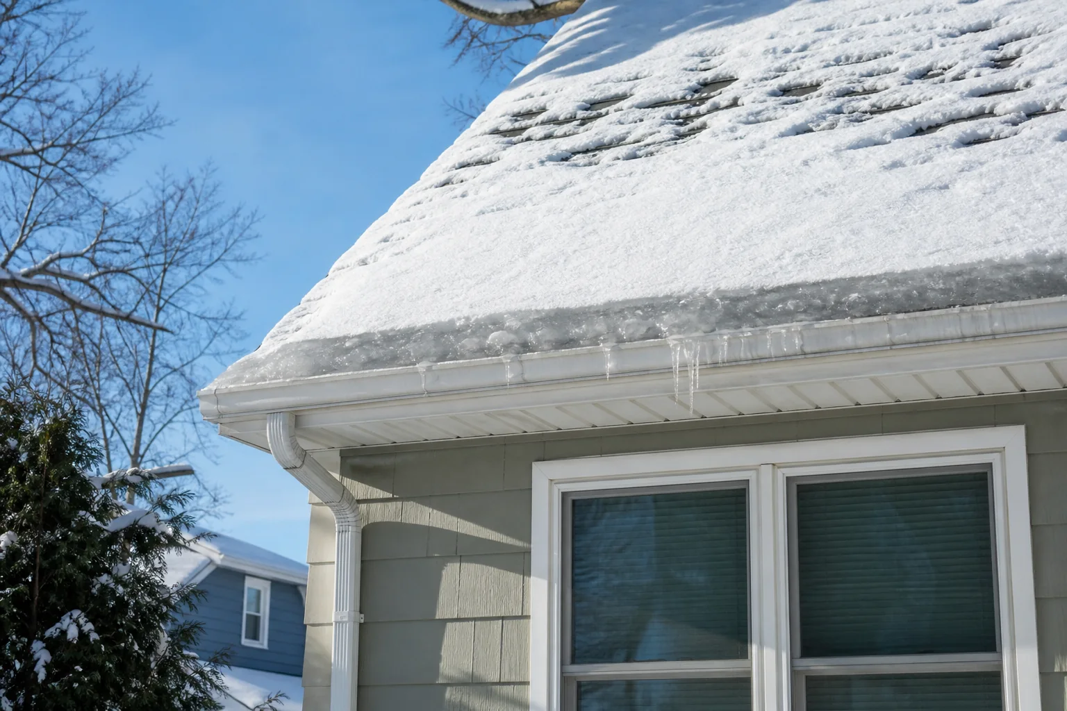 Ice buildup along the snowy eave of a Wisconsin home