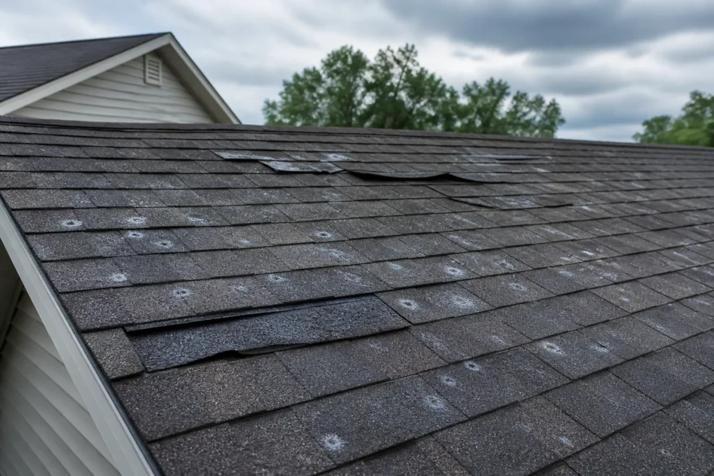 Hail marks and lifted asphalt shingles after a Wisconsin storm