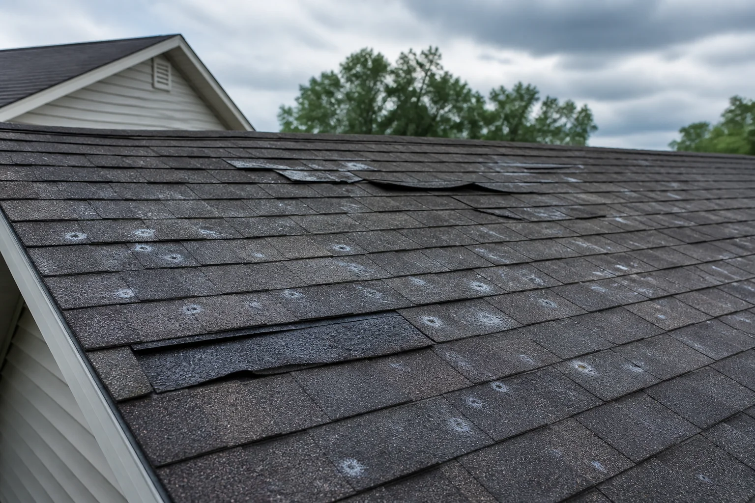Hail marks and lifted asphalt shingles after a Wisconsin storm